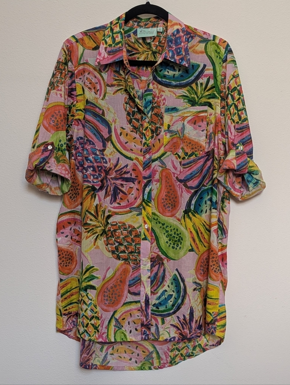 True Destinations Tropical Fruit Print Button-Up Shirt Swim Cover Tunic Large